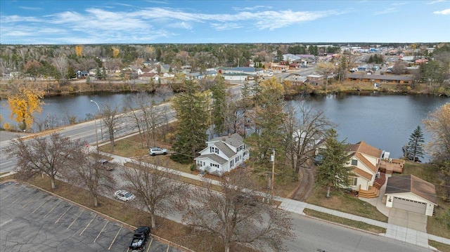 drone / aerial view with a water view