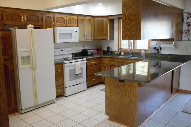 kitchen with light tile patterned floors, kitchen peninsula, sink, white appliances, and dark stone countertops