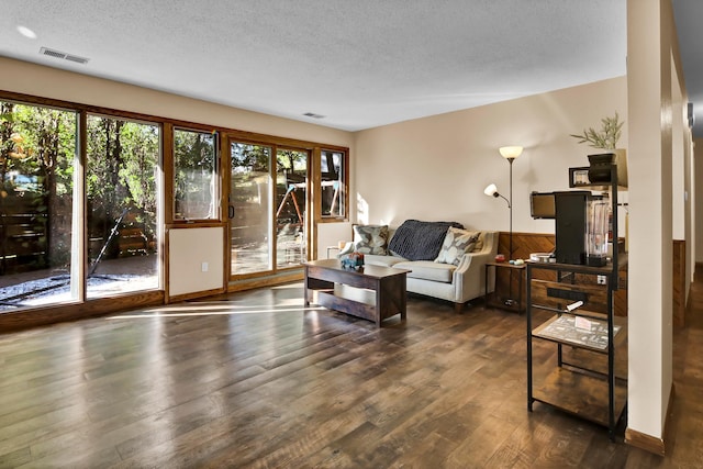 living room featuring a textured ceiling and dark hardwood / wood-style floors