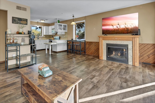 living room featuring wood walls, dark hardwood / wood-style flooring, sink, and plenty of natural light