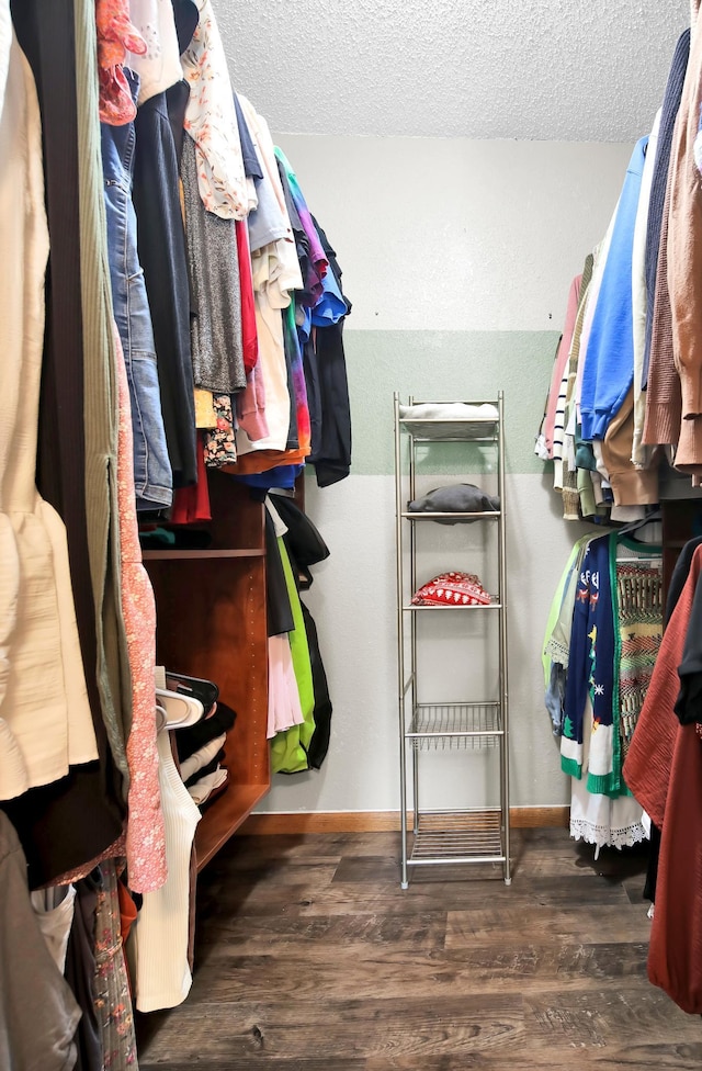 walk in closet with dark hardwood / wood-style flooring