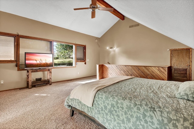 carpeted bedroom featuring a textured ceiling, vaulted ceiling with beams, wooden walls, and ceiling fan