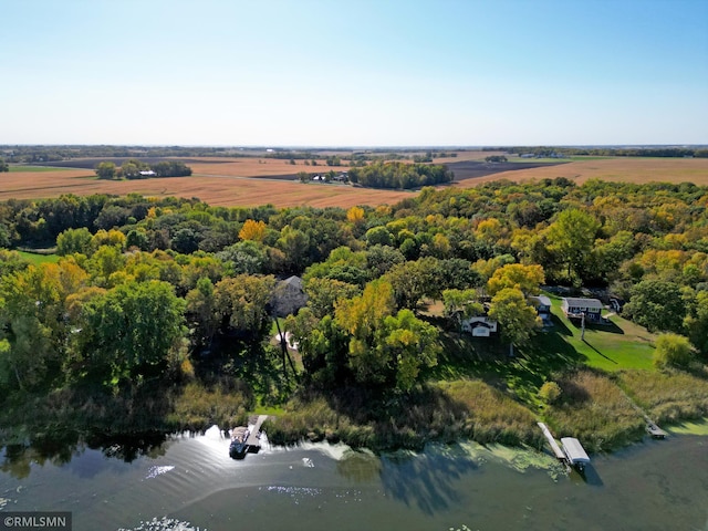 bird's eye view featuring a water view and a rural view