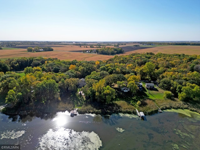 bird's eye view featuring a rural view and a water view