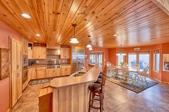 kitchen featuring light brown cabinets, wood ceiling, decorative light fixtures, a center island with sink, and built in appliances