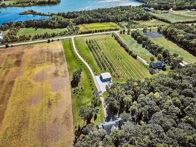 aerial view with a rural view and a water view