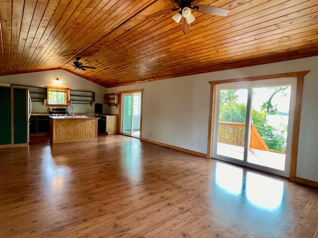 unfurnished living room with light hardwood / wood-style flooring, vaulted ceiling, ceiling fan, and wooden ceiling