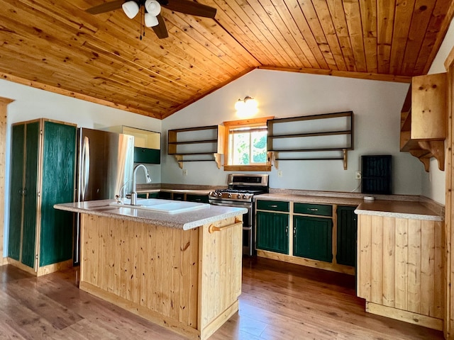 kitchen featuring wood ceiling, an island with sink, wood-type flooring, stainless steel range with gas stovetop, and green cabinets