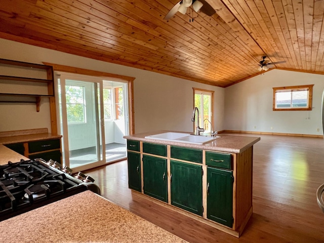 kitchen featuring wood ceiling, sink, green cabinetry, a kitchen island with sink, and vaulted ceiling