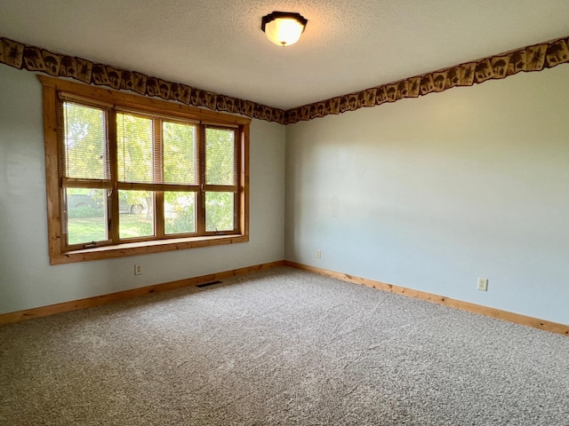 carpeted empty room with a textured ceiling