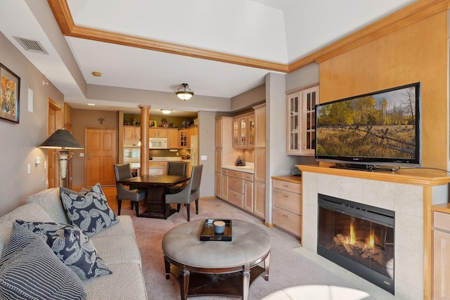 living room featuring light colored carpet and a raised ceiling