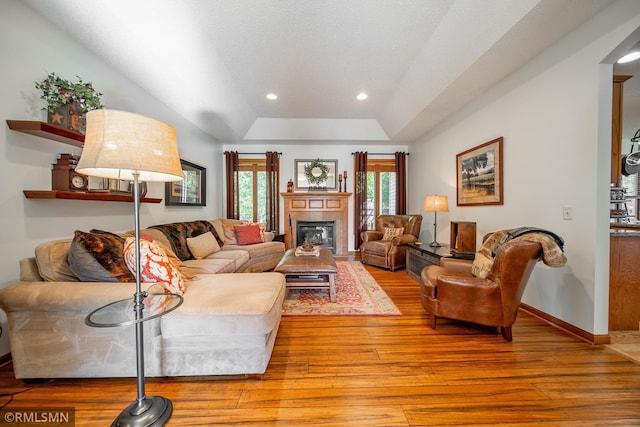 living room with a tray ceiling and hardwood / wood-style flooring