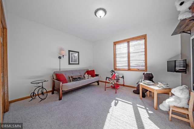 sitting room featuring light colored carpet