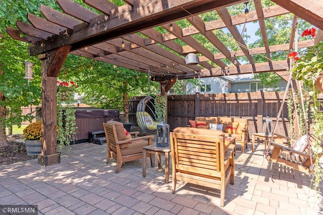 view of patio with an outdoor hangout area, a pergola, and a hot tub