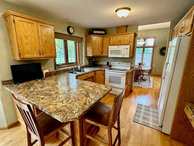 kitchen featuring light wood-type flooring, white appliances, stone countertops, and a healthy amount of sunlight