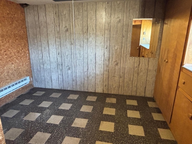 unfurnished room with wood walls