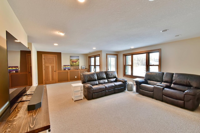 living room with a textured ceiling and carpet