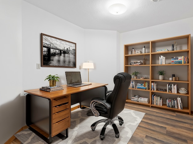 office featuring a textured ceiling and dark hardwood / wood-style flooring