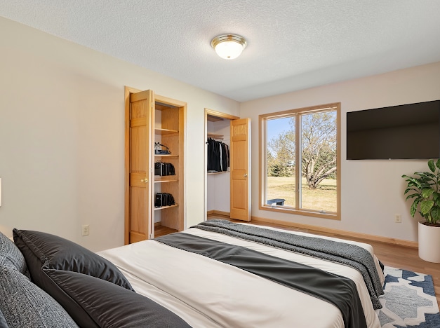 bedroom with hardwood / wood-style floors, a spacious closet, and a textured ceiling