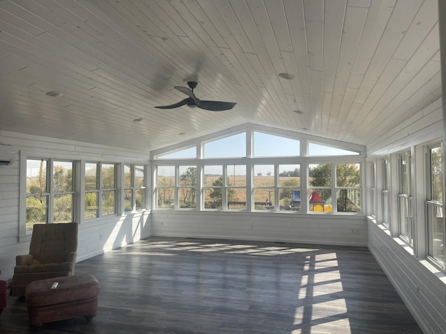 unfurnished sunroom with ceiling fan, wooden ceiling, and lofted ceiling