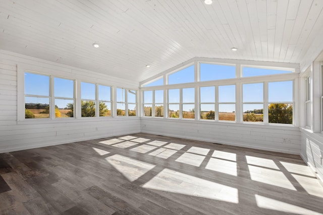 unfurnished sunroom with a wealth of natural light, lofted ceiling, and wood ceiling