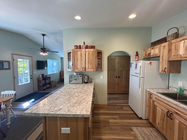 kitchen with vaulted ceiling, dark hardwood / wood-style flooring, ceiling fan, and sink