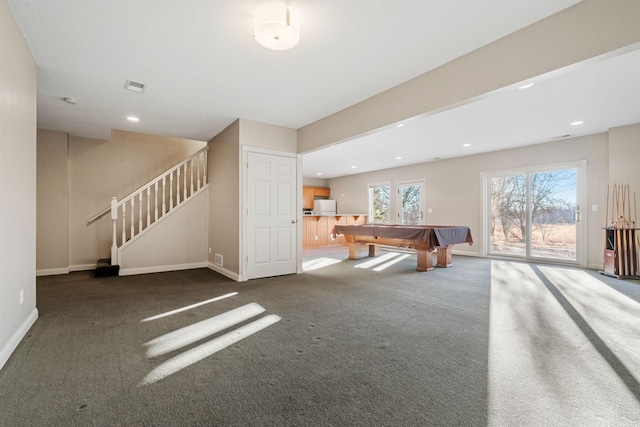 rec room with dark carpet and pool table