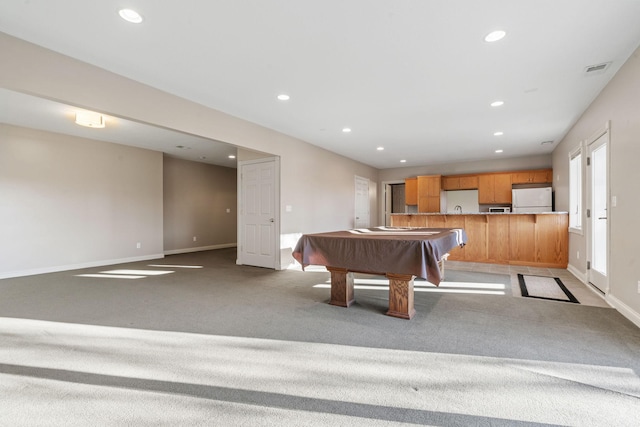 playroom with billiards and light colored carpet