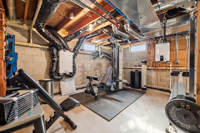 exercise room with water heater