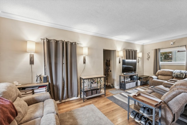 living room with a textured ceiling, light hardwood / wood-style floors, and crown molding