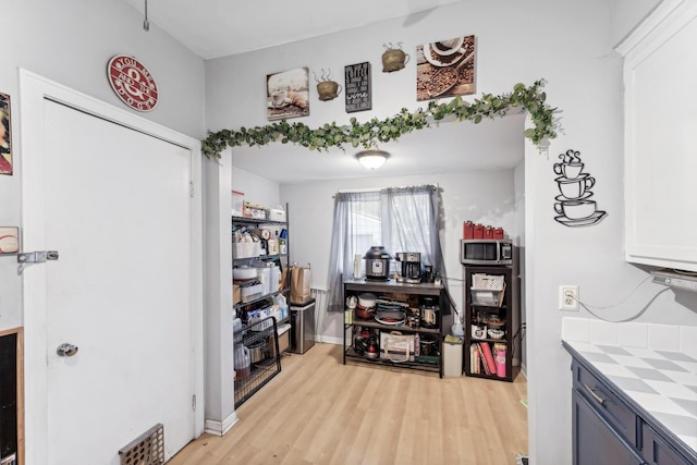 interior space featuring light hardwood / wood-style flooring and white cabinets