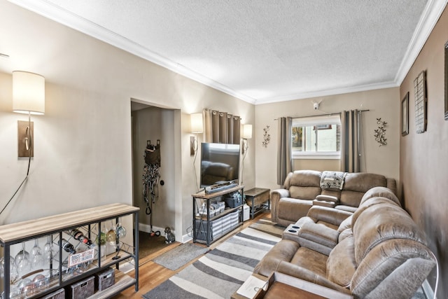 living room with crown molding, wood-type flooring, and a textured ceiling