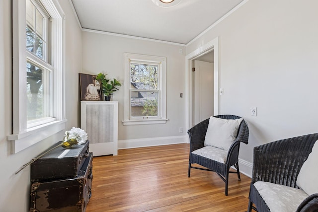 living area with light wood finished floors, ornamental molding, and baseboards