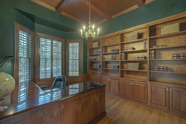 office area with light hardwood / wood-style flooring, a notable chandelier, beamed ceiling, wooden ceiling, and coffered ceiling