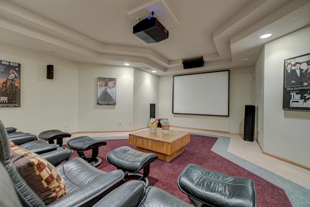 carpeted cinema room featuring a tray ceiling