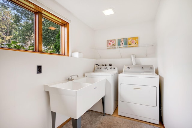 laundry area featuring light carpet, washer and clothes dryer, and sink