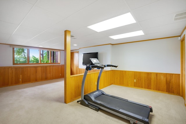 workout room with wood walls, light colored carpet, and crown molding