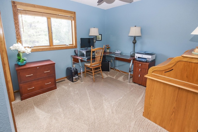 office with ceiling fan and light colored carpet