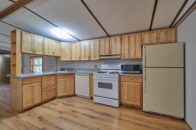 36152 Gale Ln, Crosslake, MN 56442 - kitchen with light brown cabinetry, a sink, light wood finished floors, white appliances, and under cabinet range hood