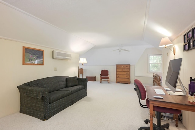 5025 16th Ave S, Minneapolis, MN 55417 - carpeted home office featuring a wall mounted AC, vaulted ceiling, and a ceiling fan