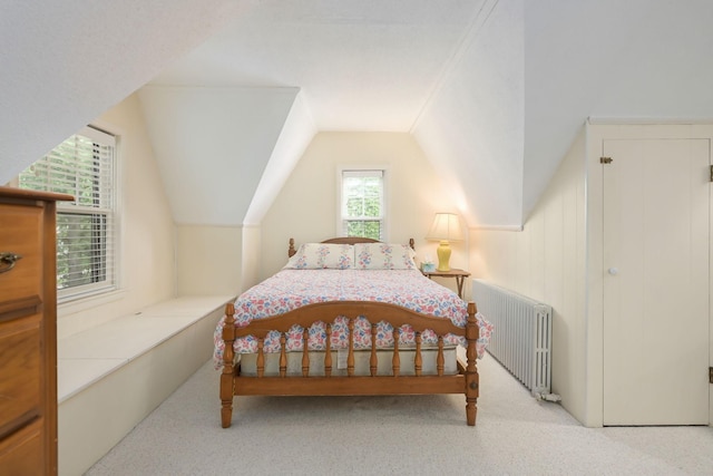 5025 16th Ave S, Minneapolis, MN 55417 - bedroom with radiator, carpet floors, and vaulted ceiling