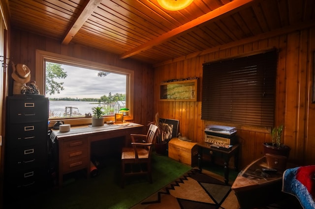 office area with beamed ceiling, wood walls, a water view, and wooden ceiling