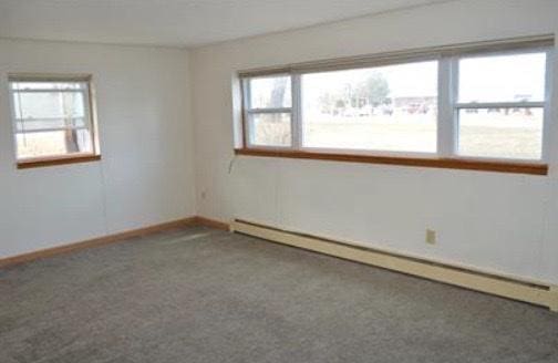 carpeted empty room with a baseboard radiator