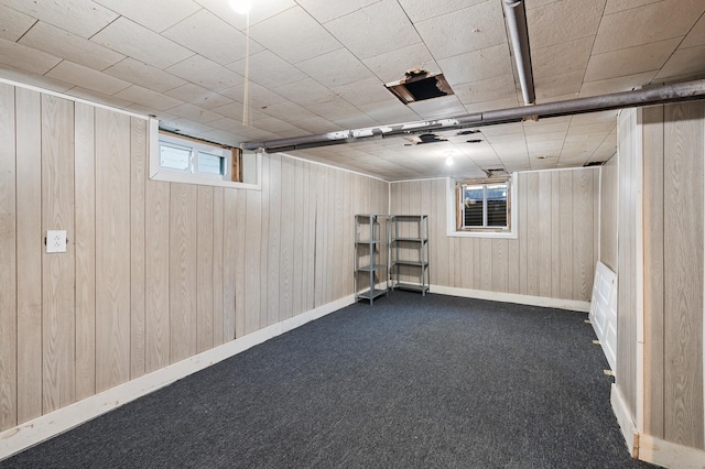 basement featuring wood walls and dark carpet