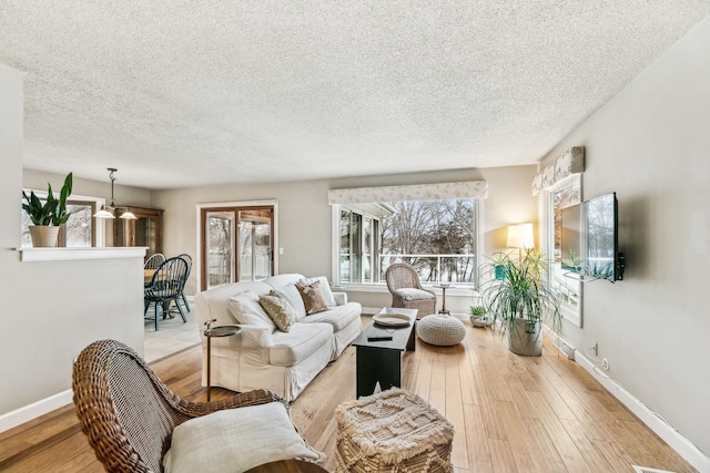 living room featuring a textured ceiling, an inviting chandelier, and light hardwood / wood-style floors