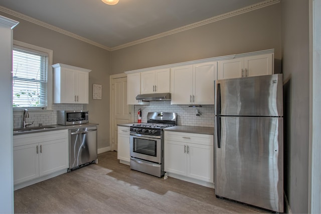 kitchen featuring white cabinets, light hardwood / wood-style floors, sink, and stainless steel appliances