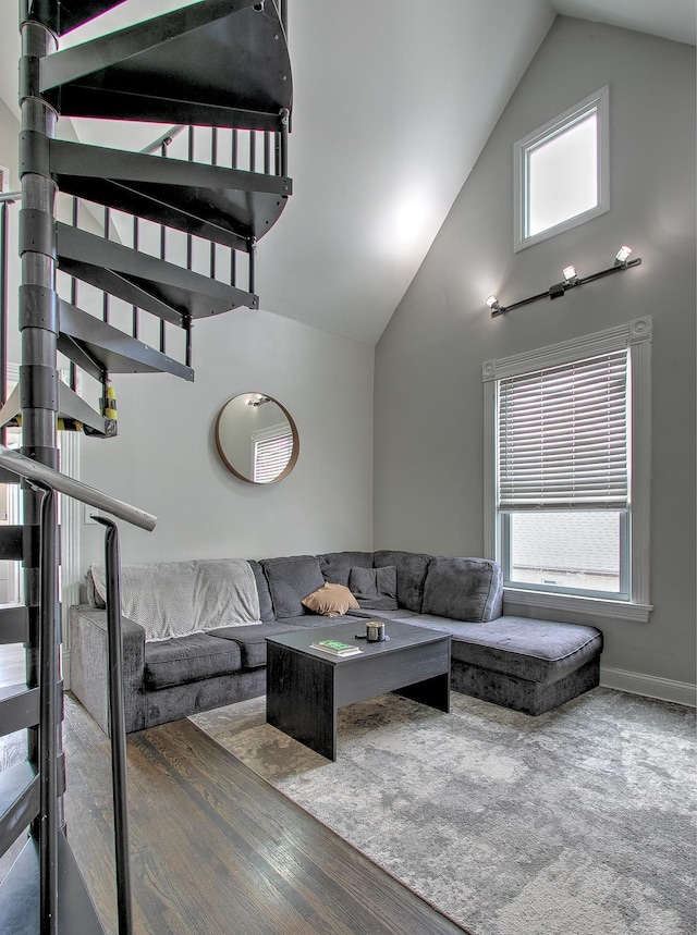 living room with dark hardwood / wood-style floors and high vaulted ceiling