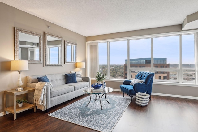 living room featuring a textured ceiling and dark hardwood / wood-style flooring