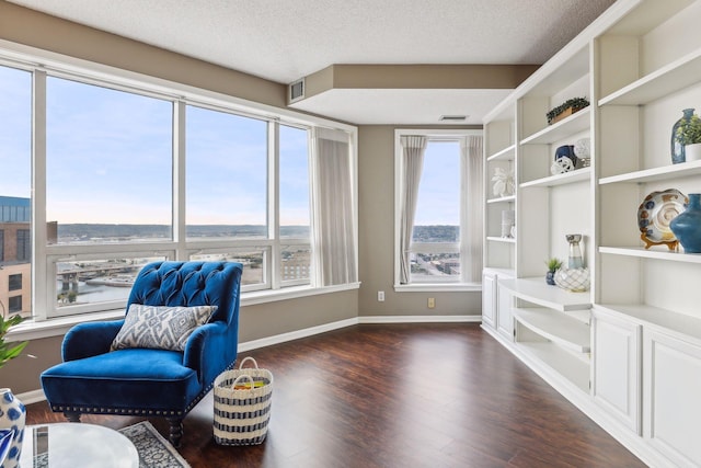 sitting room with a textured ceiling and dark wood-type flooring