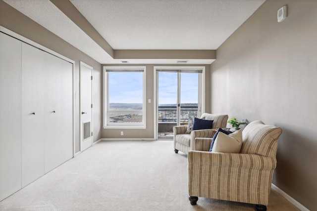 living area with a textured ceiling and light colored carpet